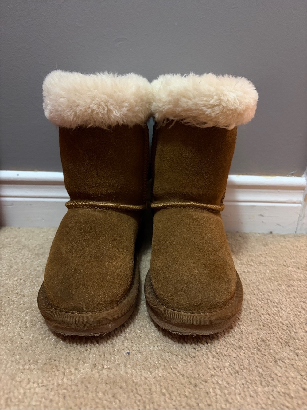 Kids Brown Suede Pull-On Boots with Cream Faux-Shearling Cuff